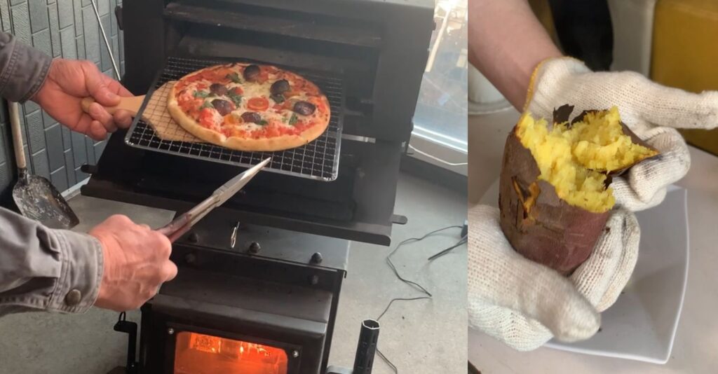 薪ストーブで焼いたピザとさつまいもの画像