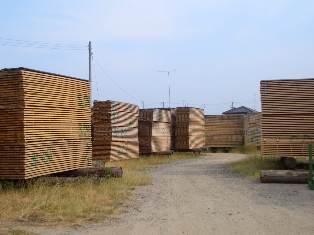 製材後に天然乾燥させている大量の杉板