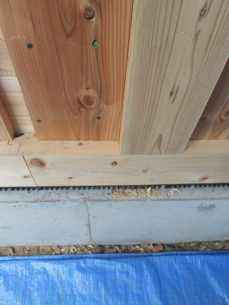 耐力壁の柱脚に施工された込み栓